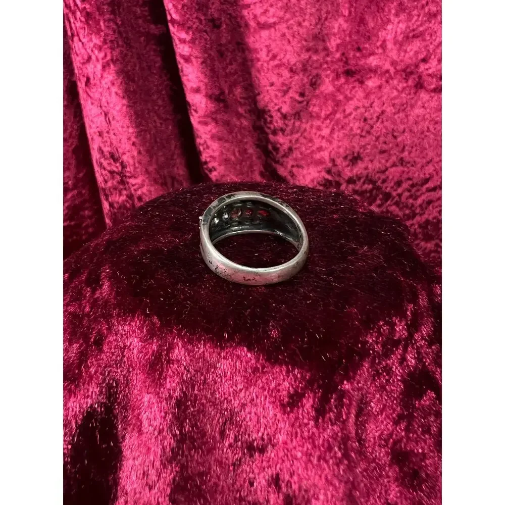 Vintage Sterling Silver Chunky Ring - Multi Gemstone Marcasite Band - Size 9.25